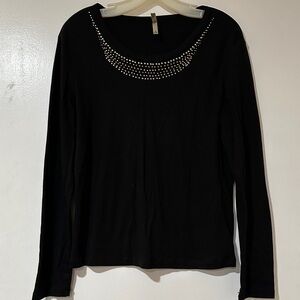 White Stag Elegant Black Long Sleeve Top with Studded Neckline